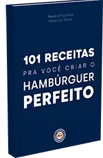 Imagem ilustrativa do PDF como um livro, de capa azul com o título: 101 Receitas para você criar o Hambúrguer Perfeito, escrito em brando.