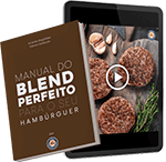 Imagem ilustrativa de um livro do PDF Manual do Blend Perfeito, com capa marrom e título escrito em branco. Atrás, tablet com as aulas-online passando em tela cheia.