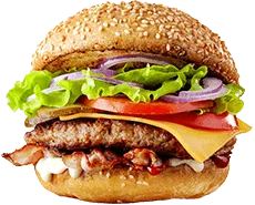 Cheeseburger suculento com camada dupla de queijo cheddar, alface crocante, tomate fresco, cebola roxa e molho especial em um pão de gergelim, oferecido no Curso Completo do Hamburger Perfeito