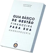 Imagem ilustrativa mostrando livro do PDF Guia Básico para gestão financeira da sua hamburgueria, com capa branca e título em azul.